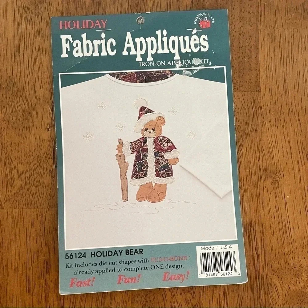 Vintage What's New Holiday Fabric Iron-On Appliques Holiday Bear Christmas Craft